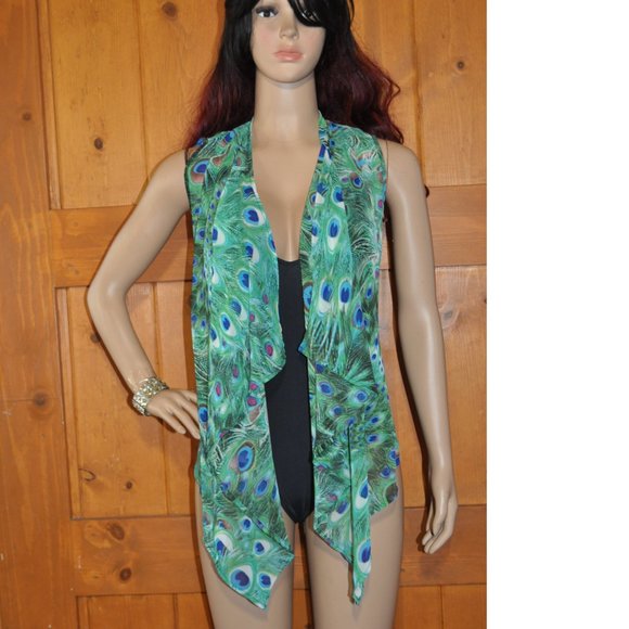 Women's fancy sleeveless Peacock Print Chiffon Fabric Bohemian Scarf Vest - Picture 3 of 5